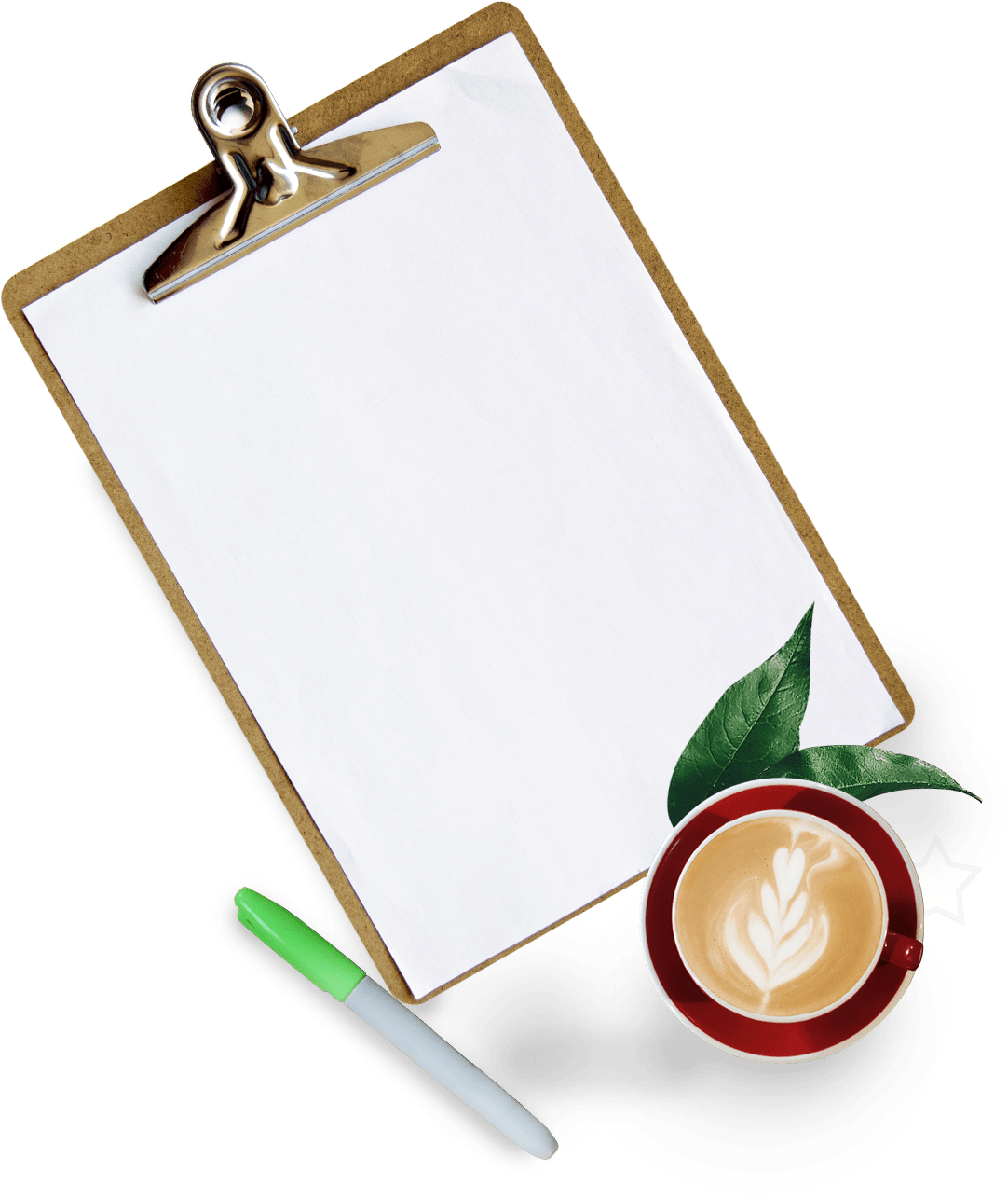 background image of a clipboard, cappucino and marker